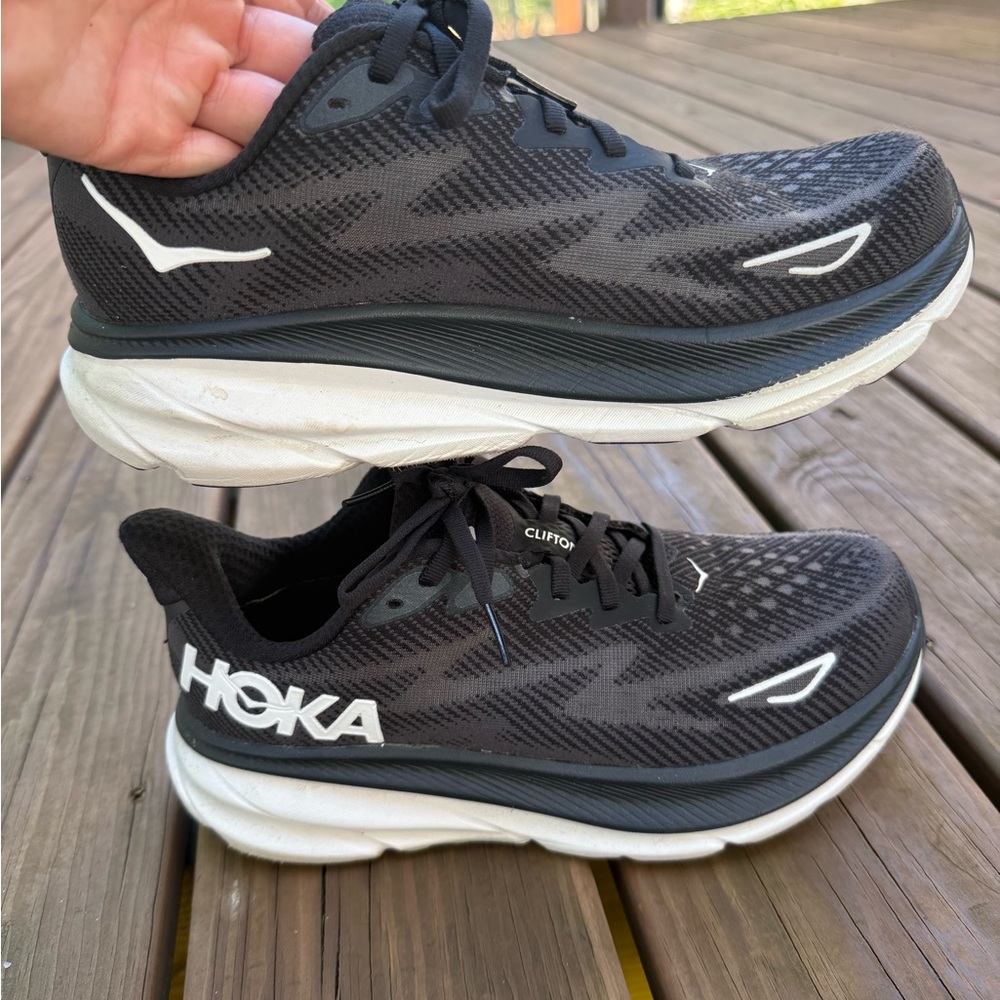 Hoka Clifton 9 Black and White Athletic Shoes - Picture 7 of 10